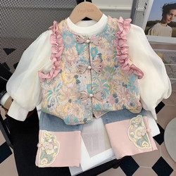 Baby Clothes Korean Style Super Fashionable Outing Clothes Chinese Style Cheongsam Long-Sleeved Kidsren's Three-Piece Set Baby Girl Autumn Clothing Trendy