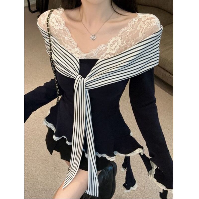 Pure Desire Style Off-Shoulder Long Sleeve T-Shirt for Women 2026 Spring Collection Unique Lace Shawl Tie Flared Sleeve Top