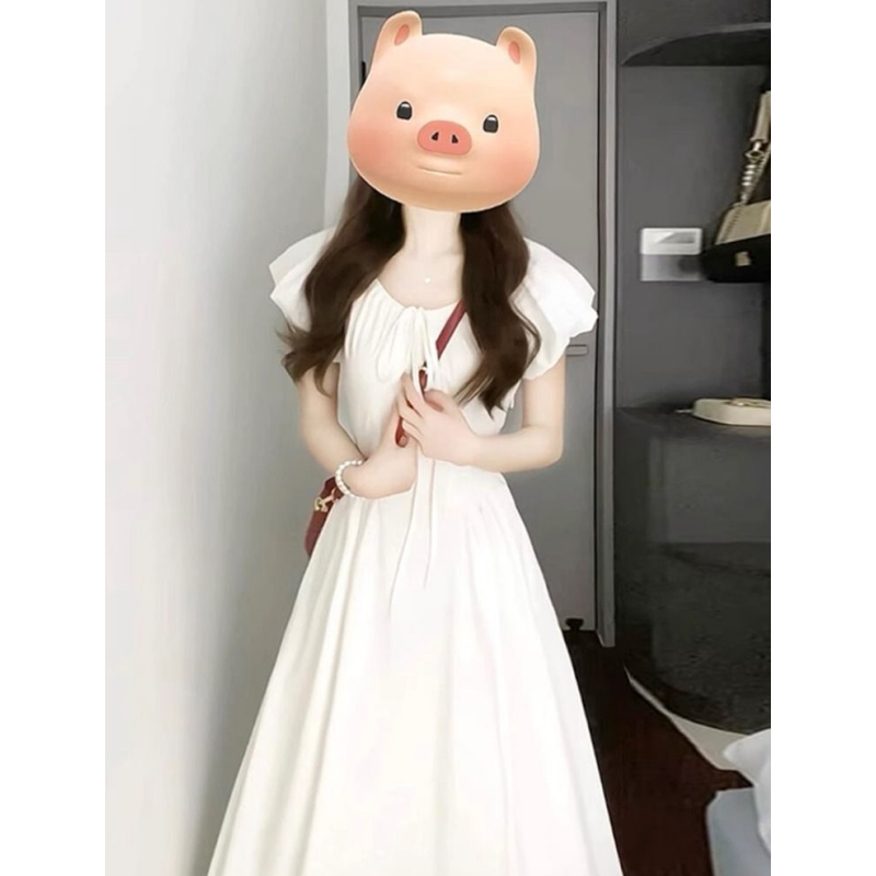 French-Style Pure and Gentle Dress for Women with Puff Sleeves, Round Neck, Tie-Waist, and a Short Length, Creating a First Love Vibe French-Style Pure and Gentle Dress for Women with Puff Sleeves, Round Neck, Tie-Waist, and a Short Length, Creating a First Love Vibe