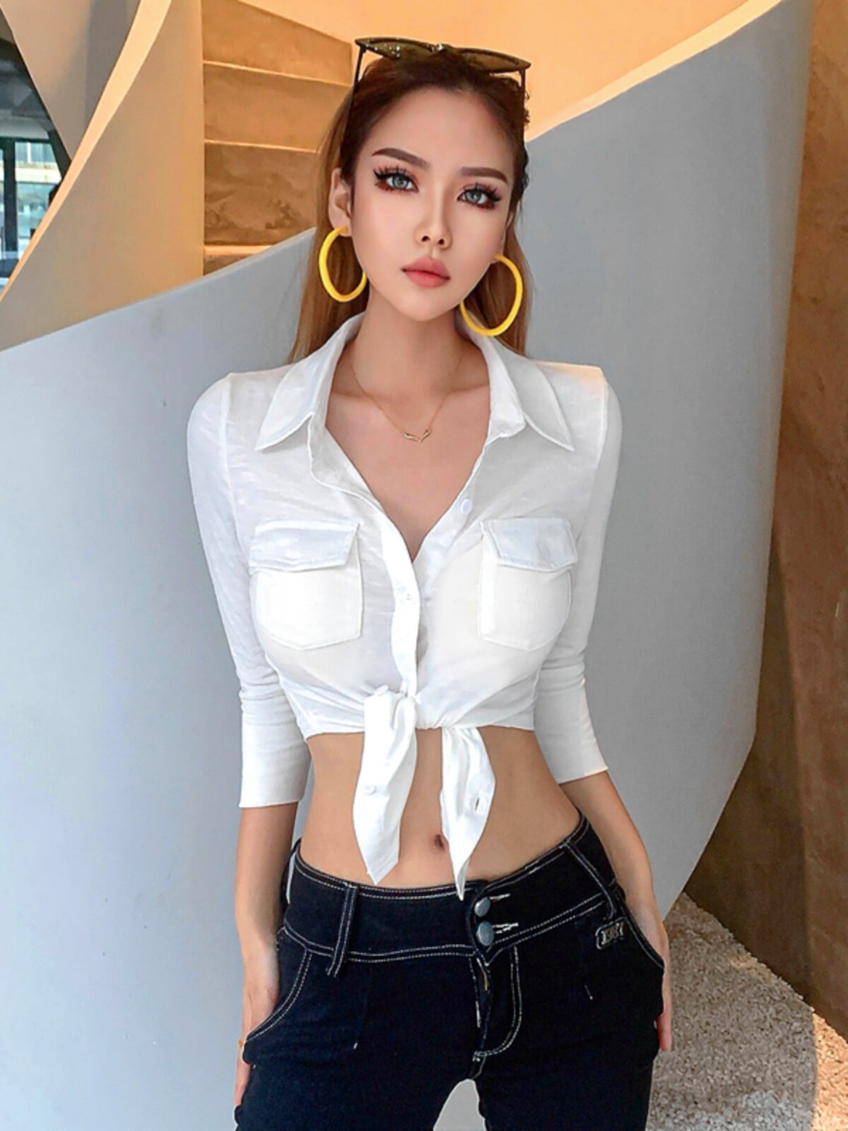 Pure Vintage Polo Style Crop Top – Tie Front & Button Details, Sexy Short White Blouse, Y2K Hot Girl Aesthetic Top