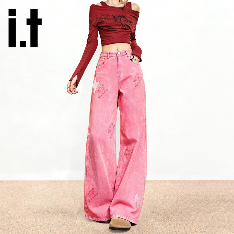 It:Chocoolate Dopamine Pink Lightning Patch Jeans for Women 2026 New Straight Wide-Leg Pants