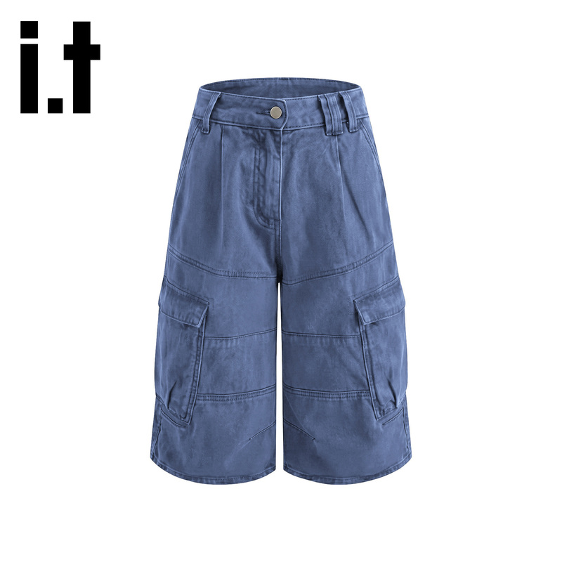 Chocoolate American-Style Large Pocket Dark Blue Cropped Cargo Pants for Women, New Summer Loose-Fitting Cropped Pants