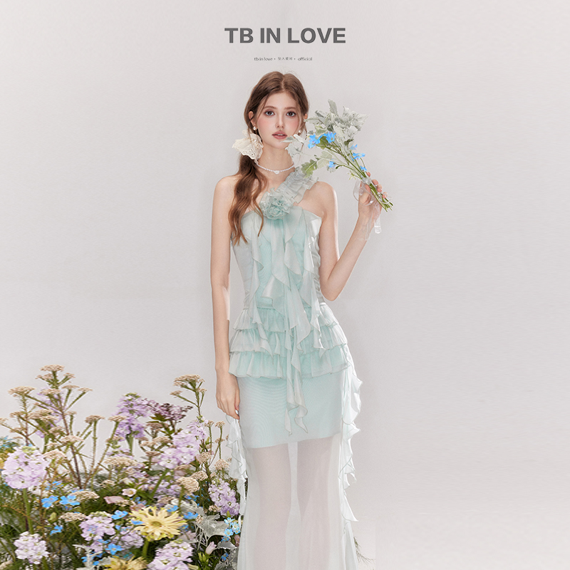 TB IN LOVE「グリーンアイランドフローティングライト」フランスのホリデーロマンチックなフリルケーキスカートフィッシュテールスカートスーツ