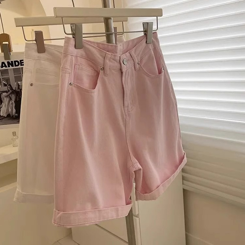 Pink Denim Shorts for Women 2024 Summer Thin Style Plus Size Loose Slimming Petite High-Waisted A-Line Wide-Leg Hot Pants