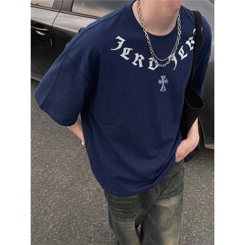 Trendy American-Style Short-Sleeve T-Shirt for Men and Teenagers, Unique Design, Navy Blue, Pure Cotton, Regular Shoulder Half-Sleeve Top