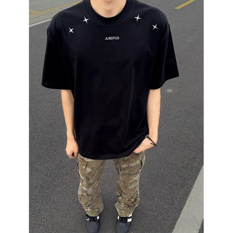 Trendy American-Style Heavyweight Short-Sleeve T-Shirt for Men, 2026 New Model, Cool Black Regular Shoulder Half-Sleeve Top for Teenagers