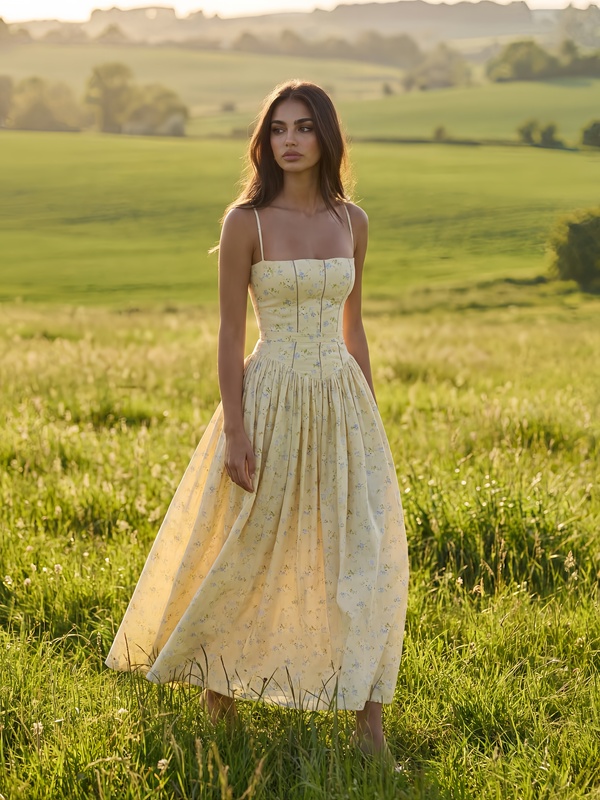 Acuda Wind Chime Style French Tea Break Yellow Floral Suspender Dress with Waist-Cinching, Gentle Style, Holiday Fairy Long Dress