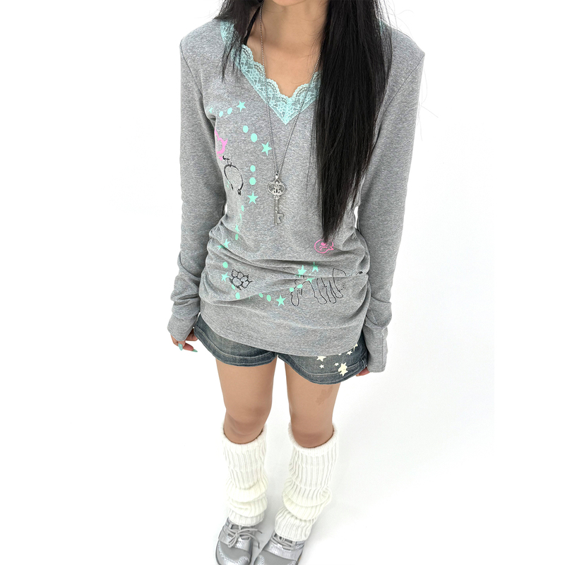 Harukino Too【Naili Girl T-Shirt】Gray Lace Splicing V-Neck Printed Long-Sleeved T-Shirt Autumn Women's Slim-Fit Top Harukino Too【Naili Girl T-Shirt】Gray Lace Splicing V-Neck Printed Long-Sleeved T-Shirt Autumn Women's Slim-Fit Top