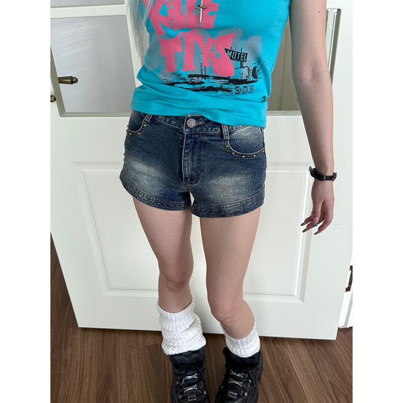 Harukino Shibuya Street Vintage Distressed Rivet Elastic High-Waisted Low-Waisted A-Line Slimming Denim Hot Girl Shorts