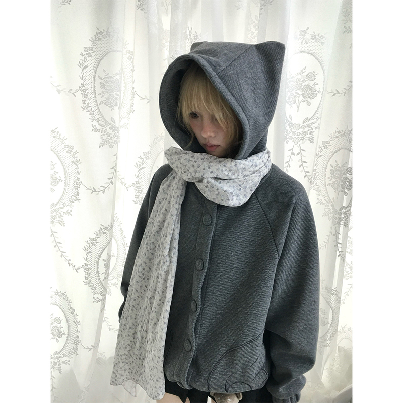 Harukino Too【Cat Ear Angel Bag Jacket】Dark Gray Cute Cat Ear Loose Top Autumn and Winter Fleece-Lined Top