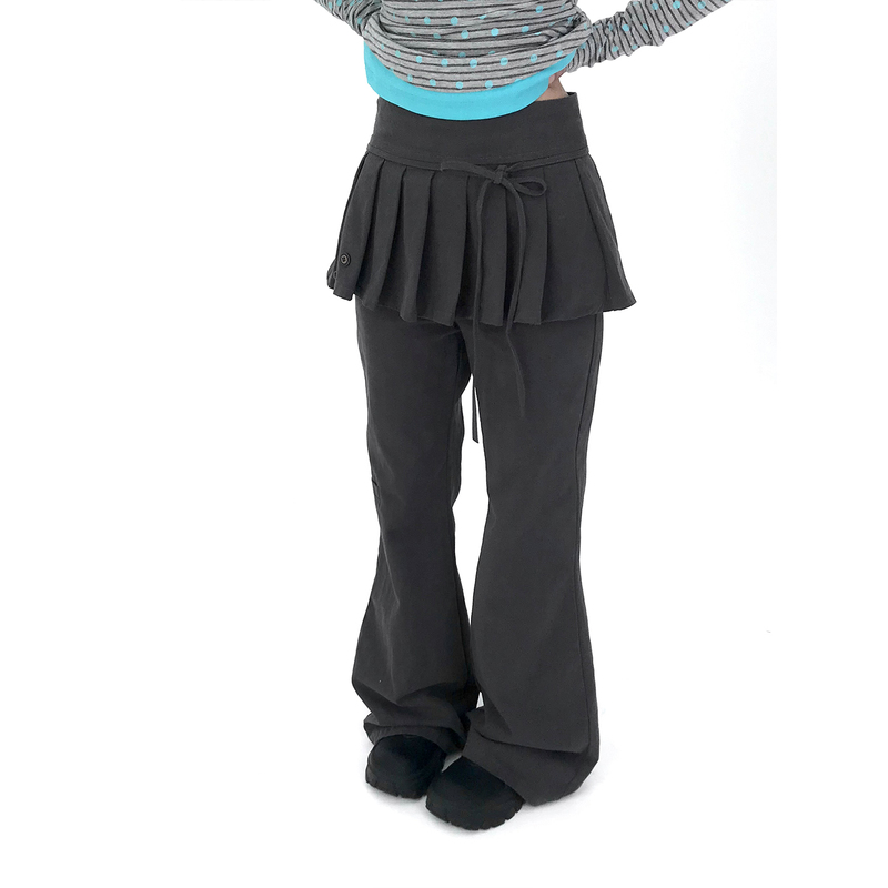 Akiyuno Too【Leg-Flattering Magic! Pleated Skirt Pants】Gray Pleated Skirt Pants Design for Women, Low-Waisted Long Pants