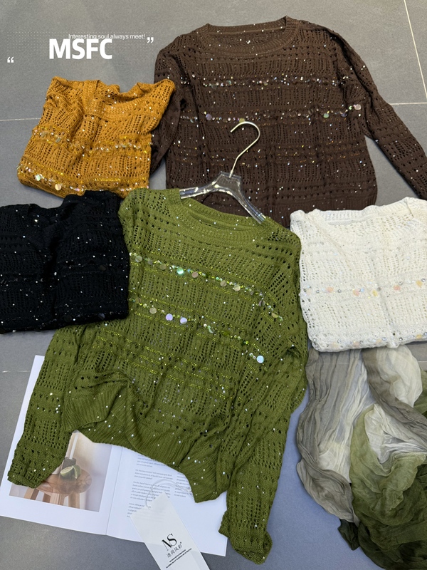 2026 Autumn New Hollow-Out Sequin Versatile Round Neck Long Sleeve Top Thin Knitwear Sunscreen Cover-Up