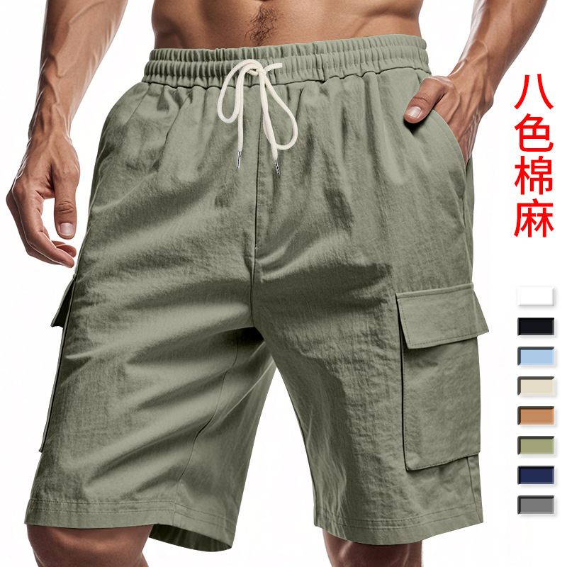 Cross-Border American-Style Multi-Pocket Cargo Shorts for Men, Amazon Casual Loose Linen Sports Pants, Straight-Leg Knee-Length Shorts for Men