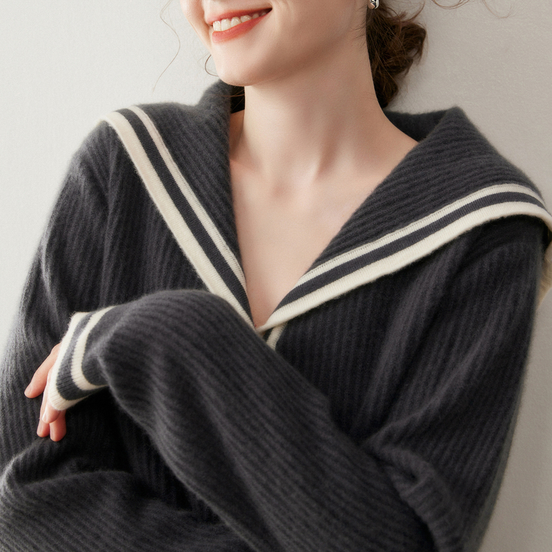 Navy Collar Baby Cashmere Cardigan for Women, Color-Blocked Striped Knit Sweater, Loose Fit, Slimming, Versatile Top Jacket Navy Collar Baby Cashmere Cardigan for Women, Color-Blocked Striped Knit Sweater, Loose Fit, Slimming, Versatile Top Jacket