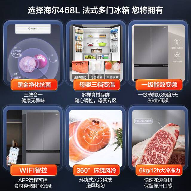 Haier Refrigerator French-Style Multi-Door Household First-Class Energy-Efficiency Air-Cooled Frost-Free Household Bcd-468Wghfd5Dsmu1