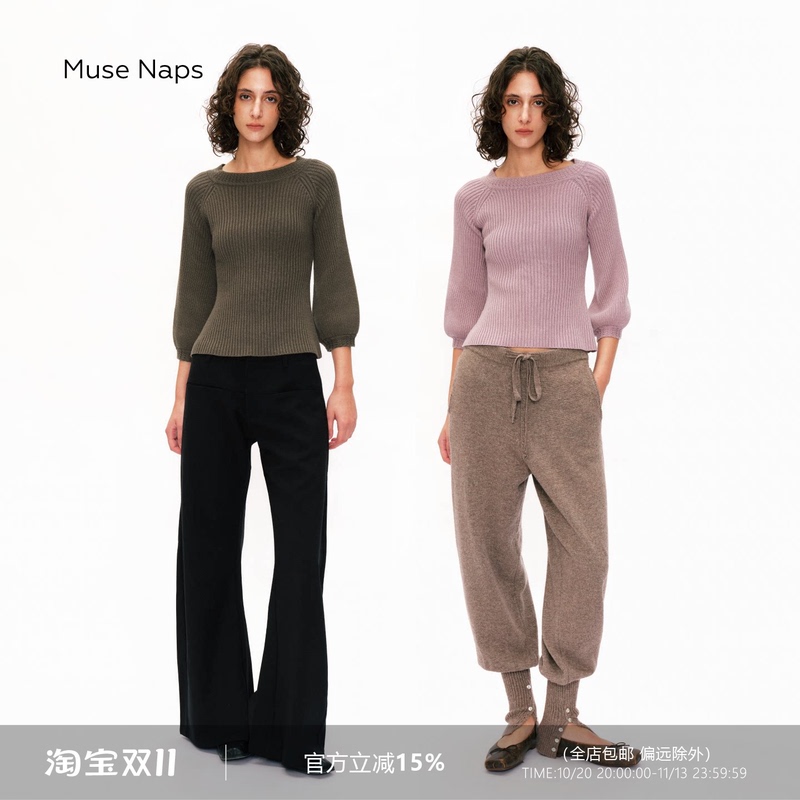 Muse Naps Low-Saturation Ribbed Crew Neck Knit Sweater Raglan Sleeve Sweater Three-Quarter Lantern Sleeve Wool Top Muse Naps Low-Saturation Ribbed Crew Neck Knit Sweater Raglan Sleeve Sweater Three-Quarter Lantern Sleeve Wool Top