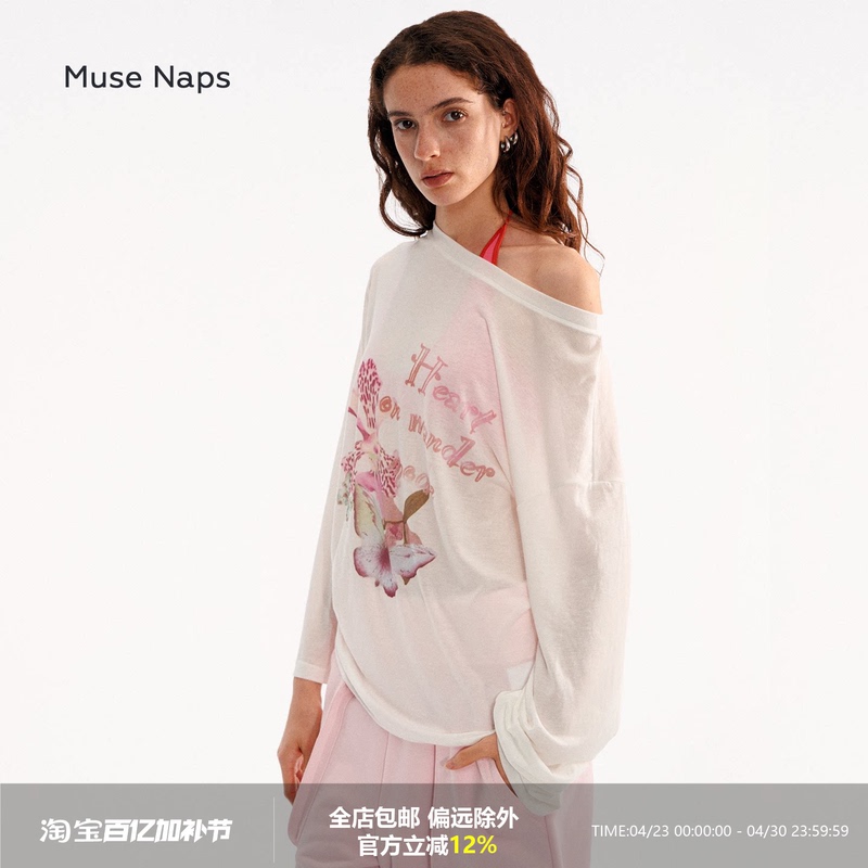 Muse Naps Off-Shoulder Long-Sleeved Blouse for Women in Spring and Summer, Lightweight Printed Breathable Long-Sleeved T-Shirt, Loose and Lazy Style