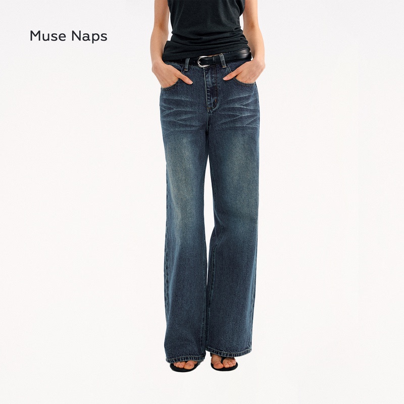 [Same Style as Huang Cancan] Muse Naps Retro Bamboo Texture Jeans Casual Straight-Leg Washed Blue Long Pants