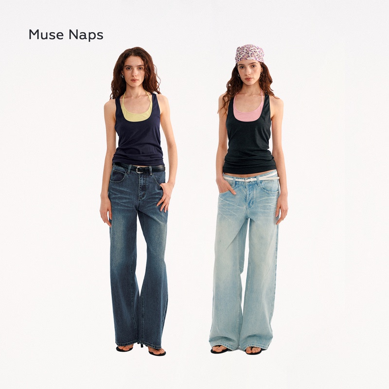 【Same Style as Huang Cancan】Muse Naps Fake Two-Piece Halter Tank Top with Contrasting Color Patchwork Sleeveless Top