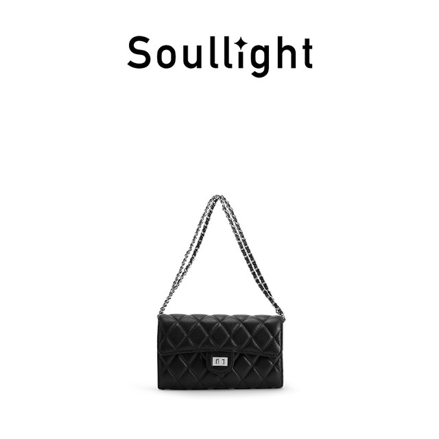 Soullight cowhide crossbody bag women's new lightweight black diamond chain shoulder bag small commuter bag