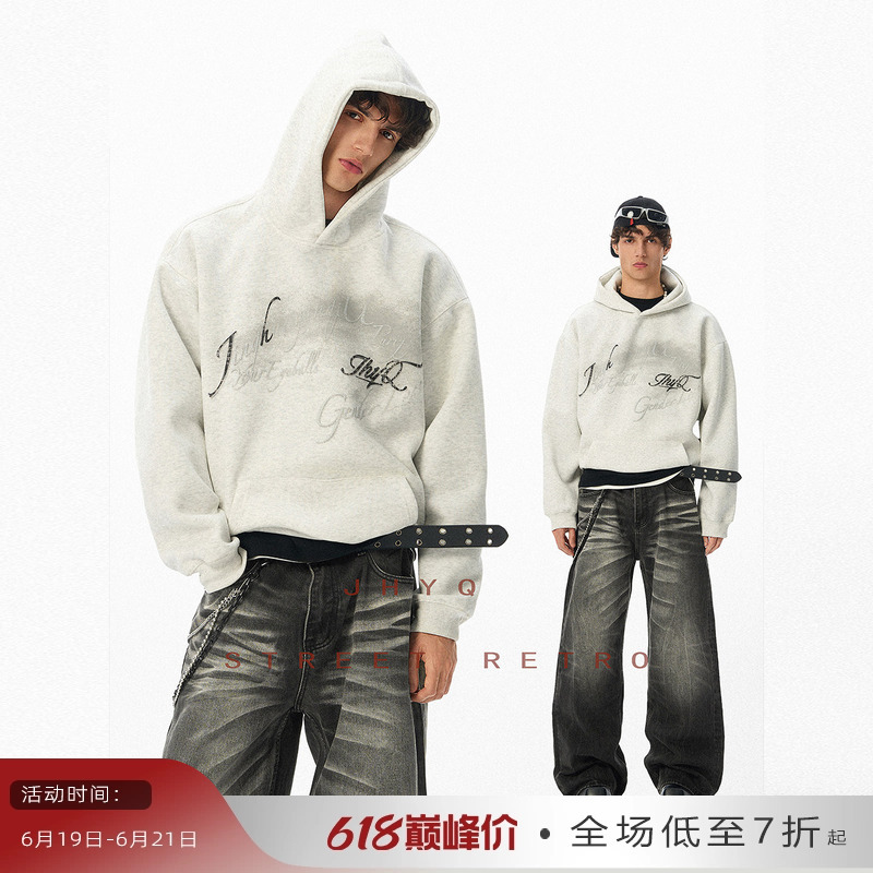 Jhyq Purifying Eyeball 400g American Letter Hooded Spring and Autumn Sweatshirt Men's Trendy Brand Loose Couple Casual Hoodie Women's