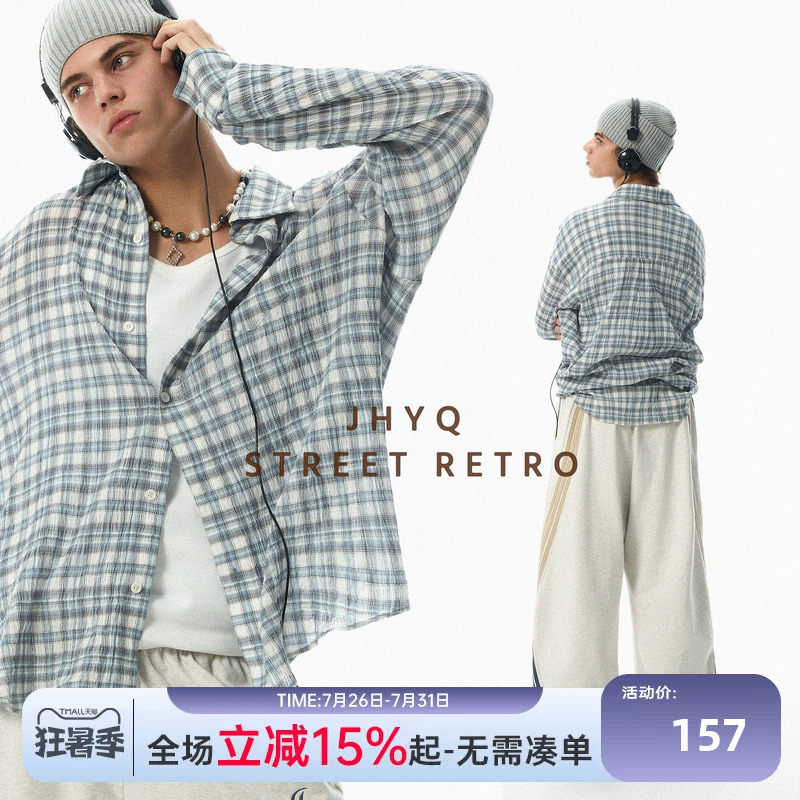 Jhyq Spring and Summer American Retro Pleated Plaid Long-Sleeved Sun Protection Shirt for Men, Lightweight and Breathable Casual Top
