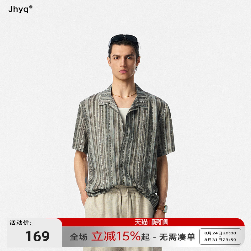 Jhyq Retro Striped Short-Sleeved Shirt for Men, Summer Loose Casual Cuban Collar, Light Mature and Elegant Vacation Style Top Jhyq Retro Striped Short-Sleeved Shirt for Men, Summer Loose Casual Cuban Collar, Light Mature and Elegant Vacation Style Top