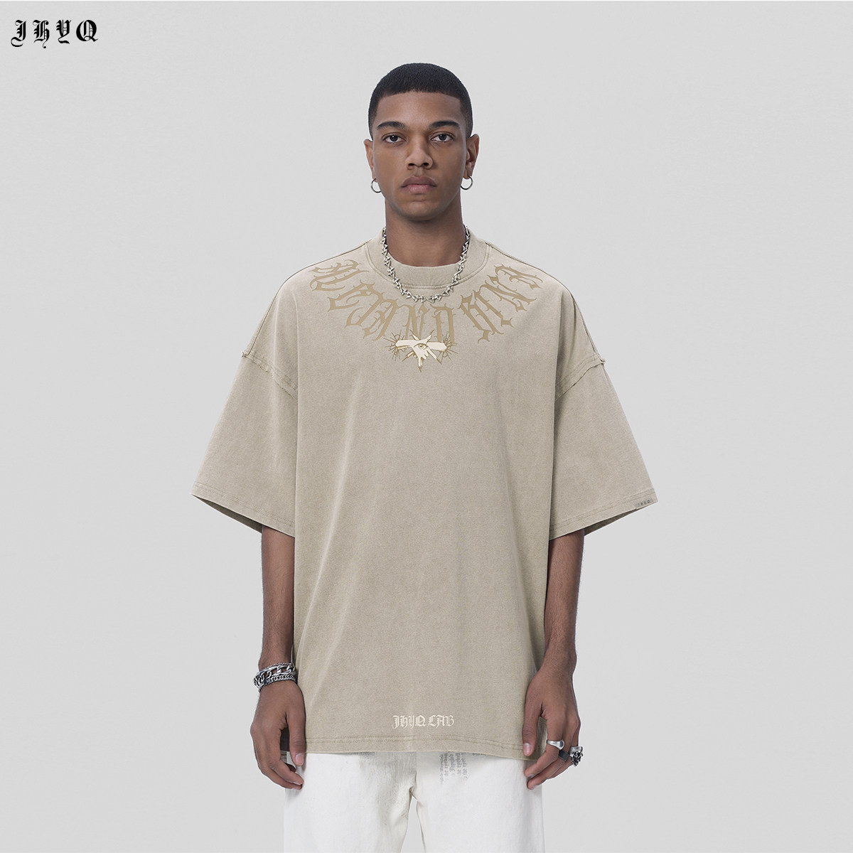 JHYQ West Coast Series American Wash Short Sleeve T - shirt Men High Street Tide Hip - Hop Hip - Hop Hand Eye Circle Half - sleeve