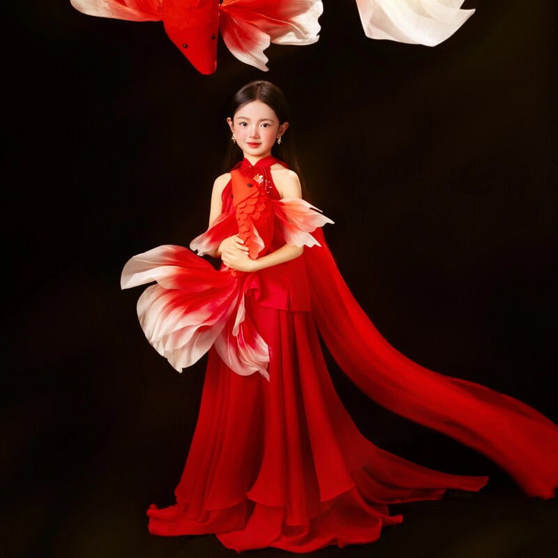 Koi Fish New Chinese Style Red Dress for Girls, Children's Photography Outfit, Studio Photo Shoot Theme, Red Festive New Year Dress