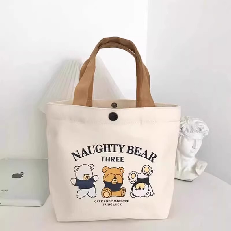 Little Bear Canvas Bag for Female Students, Portable Work Canvas Tote Bag, Handheld Lunch Canvas Bag, Printed Student Bag Little Bear Canvas Bag for Female Students, Portable Work Canvas Tote Bag, Handheld Lunch Canvas Bag, Printed Student Bag