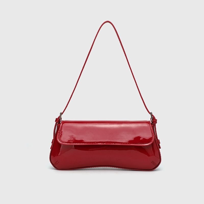 2025 Retro Red Glossy Patent Leather Baguette Armpit Bag Single Shoulder Handheld Small Bag Women's Versatile Fashionable Flip Bag 2025 Retro Red Glossy Patent Leather Baguette Armpit Bag Single Shoulder Handheld Small Bag Women's Versatile Fashionable Flip Bag
