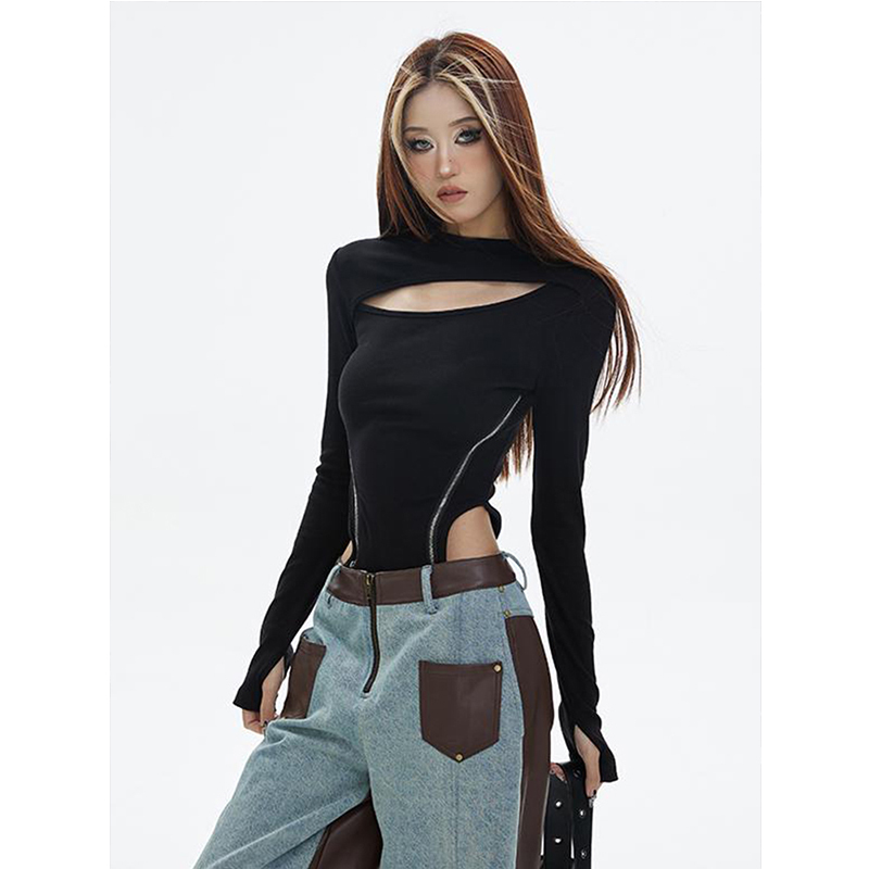 American-Style Sexy Hollow-Out Black One-Piece T-Shirt for Women, Spring High-End Slim-Fit Base Layer Top