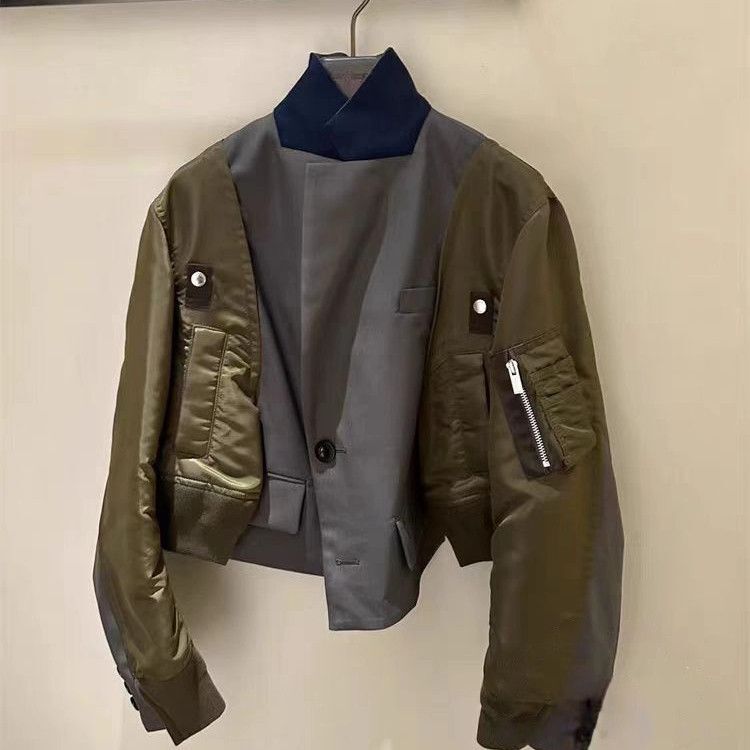 Sacai 2025 Autumn and Winter New Japanese-Style Suit Color-Blocked Patchwork Slit Short Casual Jacket Workwear Coat for Women