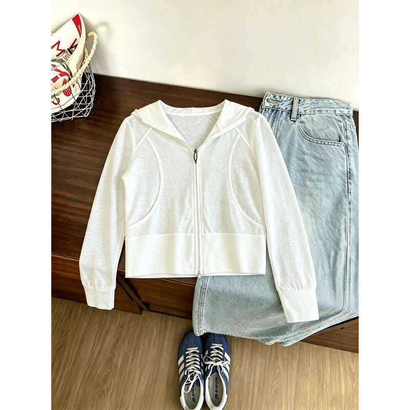 Duor Large Size White Hooded Sun Protection Zipper Long-Sleeved Sun Protection Clothing for Women in Summer, Thin and Slimming, Versatile Jacket for Fat Girls