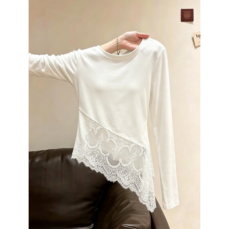 Duor Plus-Size Korean-Style White Irregular Spliced Lace Hem T-Shirt for Women, Autumn Slim-Fit Top for Plus-Size Women