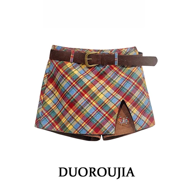 Duor Plus-Size Dachshund Plaid Skirt for Women, Autumn and Winter, High-Waisted Plaid Slit A-Line Short Skirt Pants for Chubby Girls