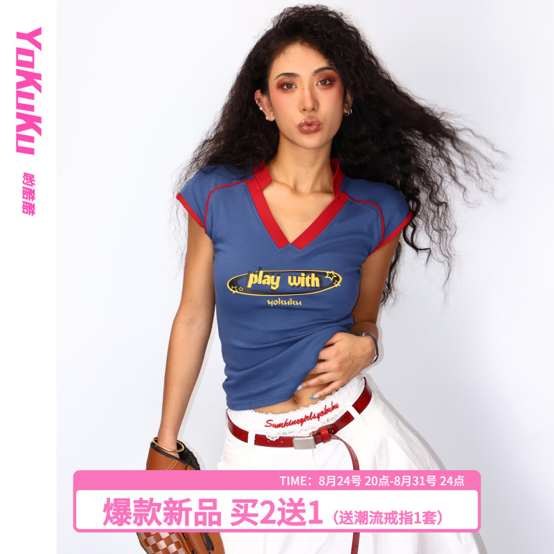 Yokuku (My Era) American Retro Color-Block Top for Women, Regular Shoulder, Slim Fit, V-Neck, Short-Sleeve T-Shirt for Women