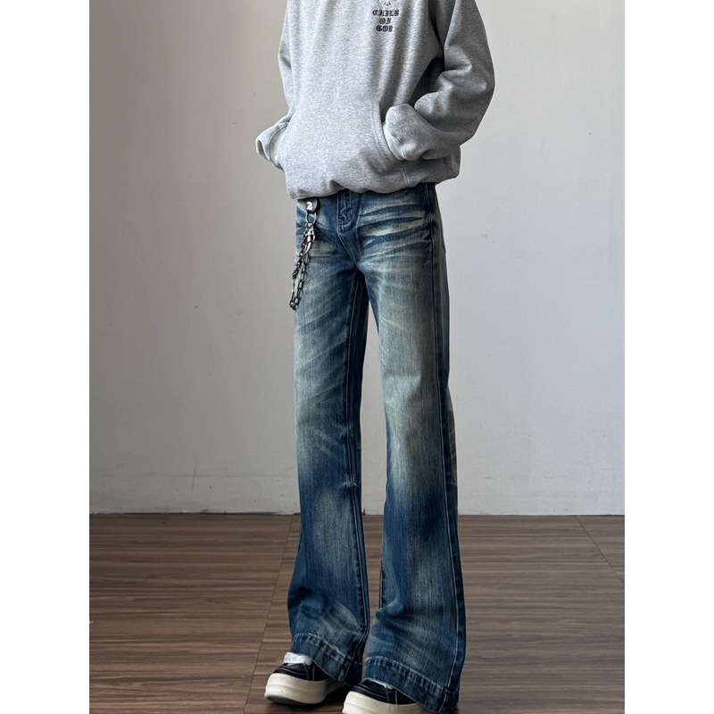 American Retro Blue Washed Thin Jeans for Men, Clean Fit Straight Leg Slim Fit Slightly Flared Blue Jeans for Men