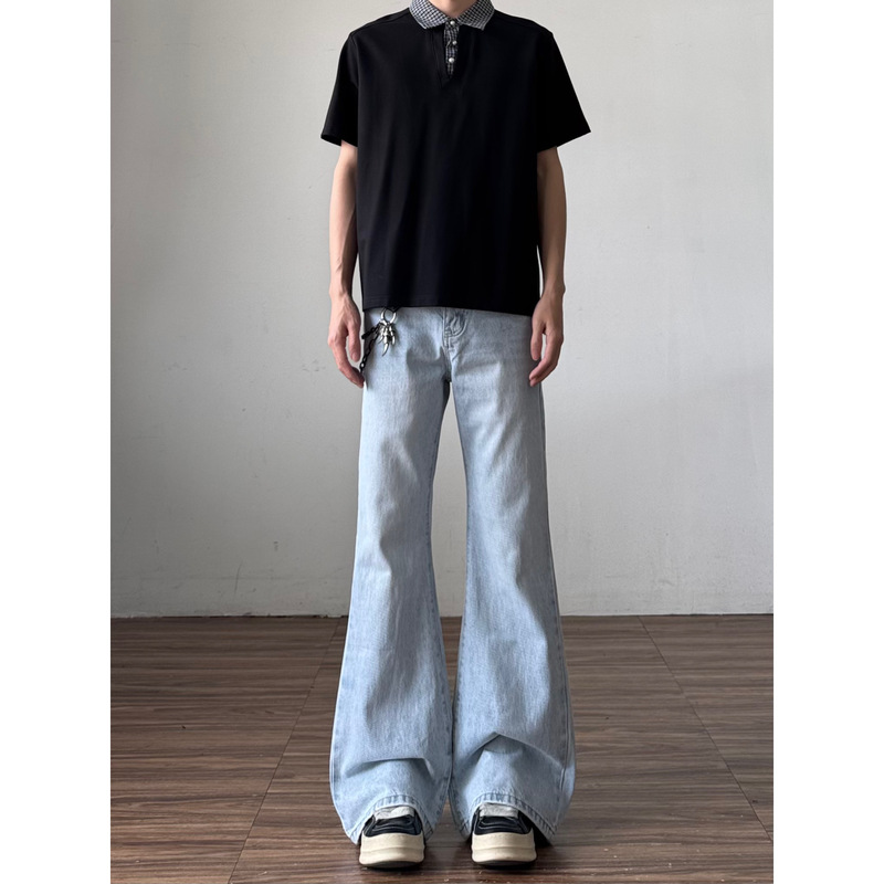 Blue Washed Flared Jeans for Men, American High Street Clean Fit, Light-Colored Straight Slim Fit Bell-Bottom Pants for Summer