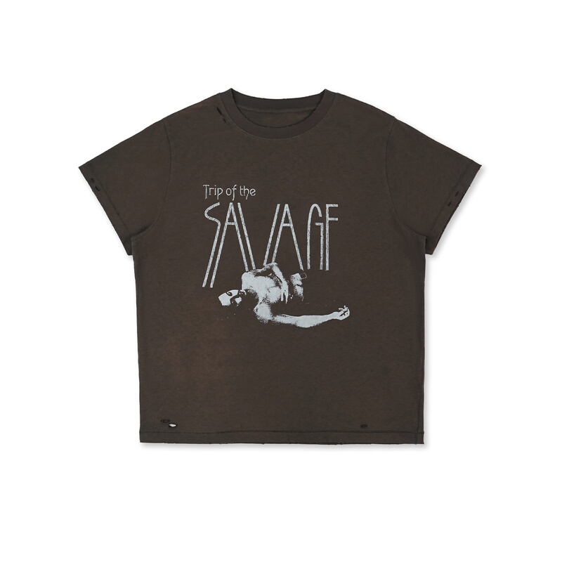 Sod Co. Distressed Washed T-Shirt "Lying down Depp" Dark Gray Vintage Ripped Pure Cotton T-Shirt New Summer Style