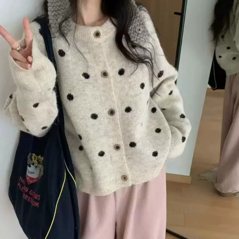 Women's Korean-Style Chic Versatile Polka Dot Round Neck Loose Polka Dot Soft and Cozy Lazy Style Thick Knit Cardigan Top