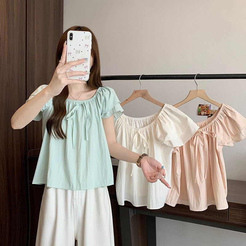 Bow-Tie Loose Off-Shoulder Short-Sleeved Shirt for Women, Summer French Mint Green Shirt That Covers the Flesh and Looks Slimming