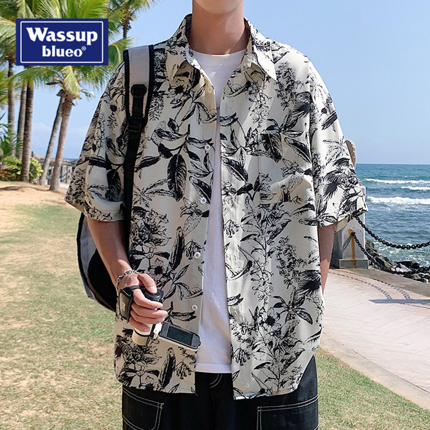 Wassup度假风短袖衬衫男夏季2026新款翻领冰丝沙滩衬衣休闲T恤