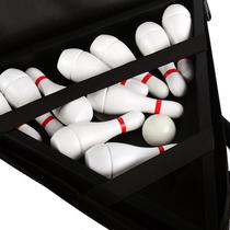 Solid wood bowling game set with shuffleboard table and tote bag