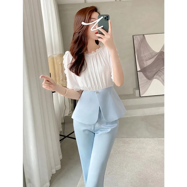 High-end professional wear temperament goddess fan suit summer fashion workplace commuting blue wide-leg pants two-piece western style