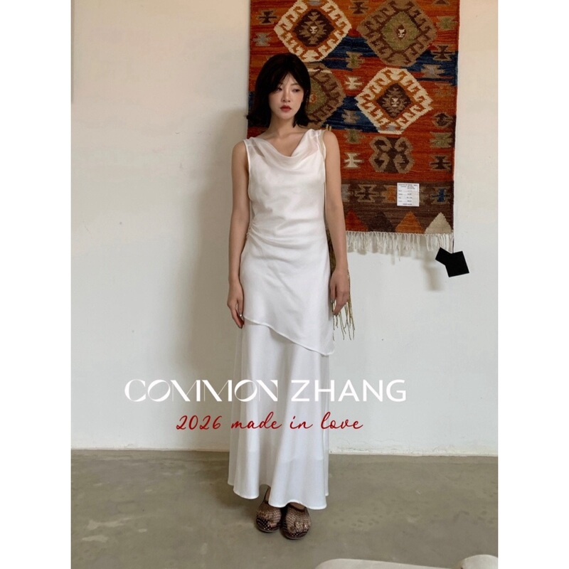 Cz Zhang High-End and Elegant Tencel Ribbon Blouse + V-Neck Suspender Long Dress for Women, Summer Two-Piece Set