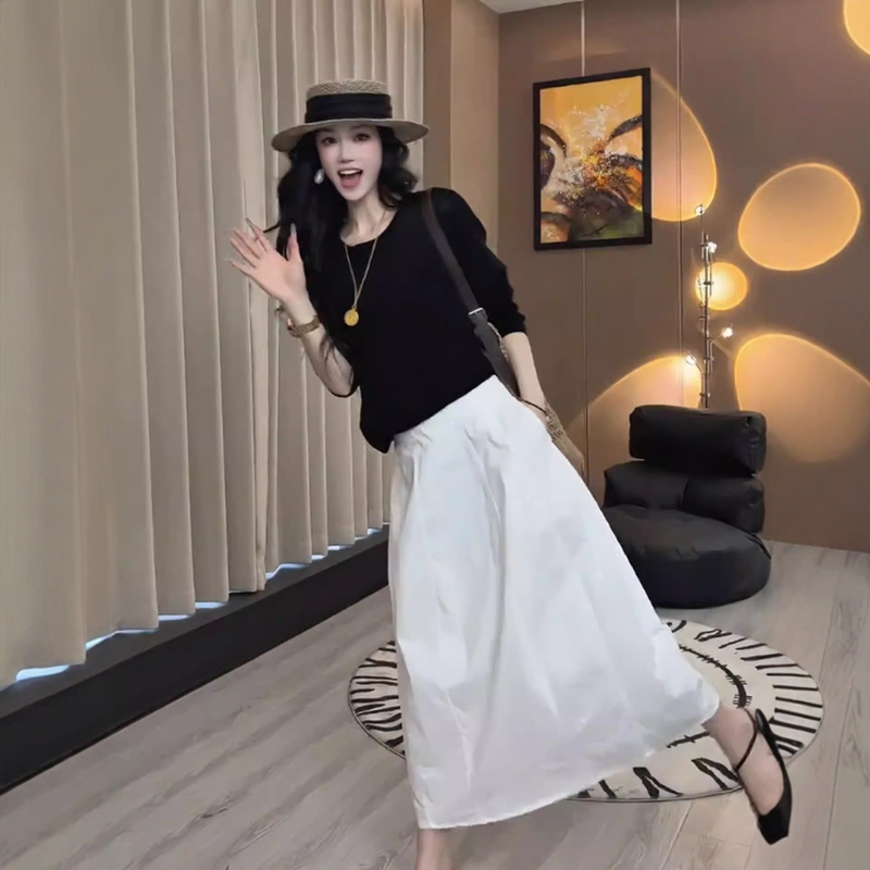 Summer Ootd Outfit Set, Casual Vacation Style, Thin Black Loose Top, Plus Size White Skirt, Women's Clothing