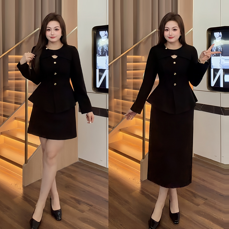 Cabbage-Colored Plus-Size Women's Clothing, Elegant Complete Outfit, Ootd Style for Chubby Girls, Autumn High-End Long-Sleeved Top and Skirt Set