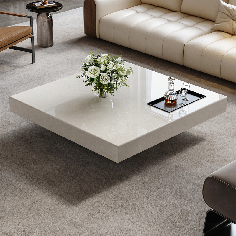 Italian Minimalist Crystal White Coffee Table, Light Luxury Square Box Tea Table, Natural Luxury Stone Suspended Living Room Home Coffee Table