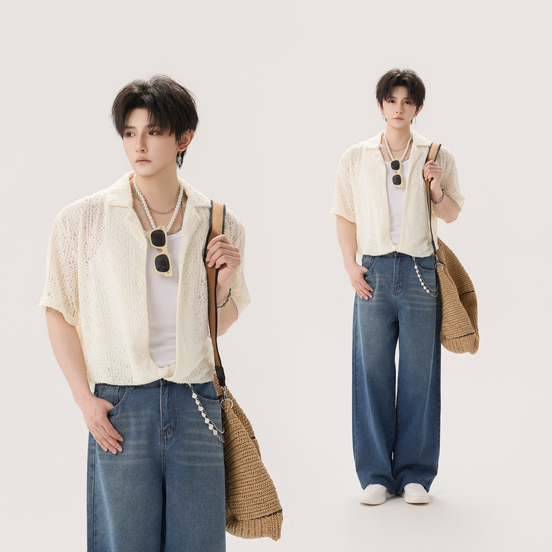 【Huang Jingxiang】Old Money Style Relaxed Off-White Lace Shirt for Men, Summer Hollow-Out Textured Short-Sleeve Top
